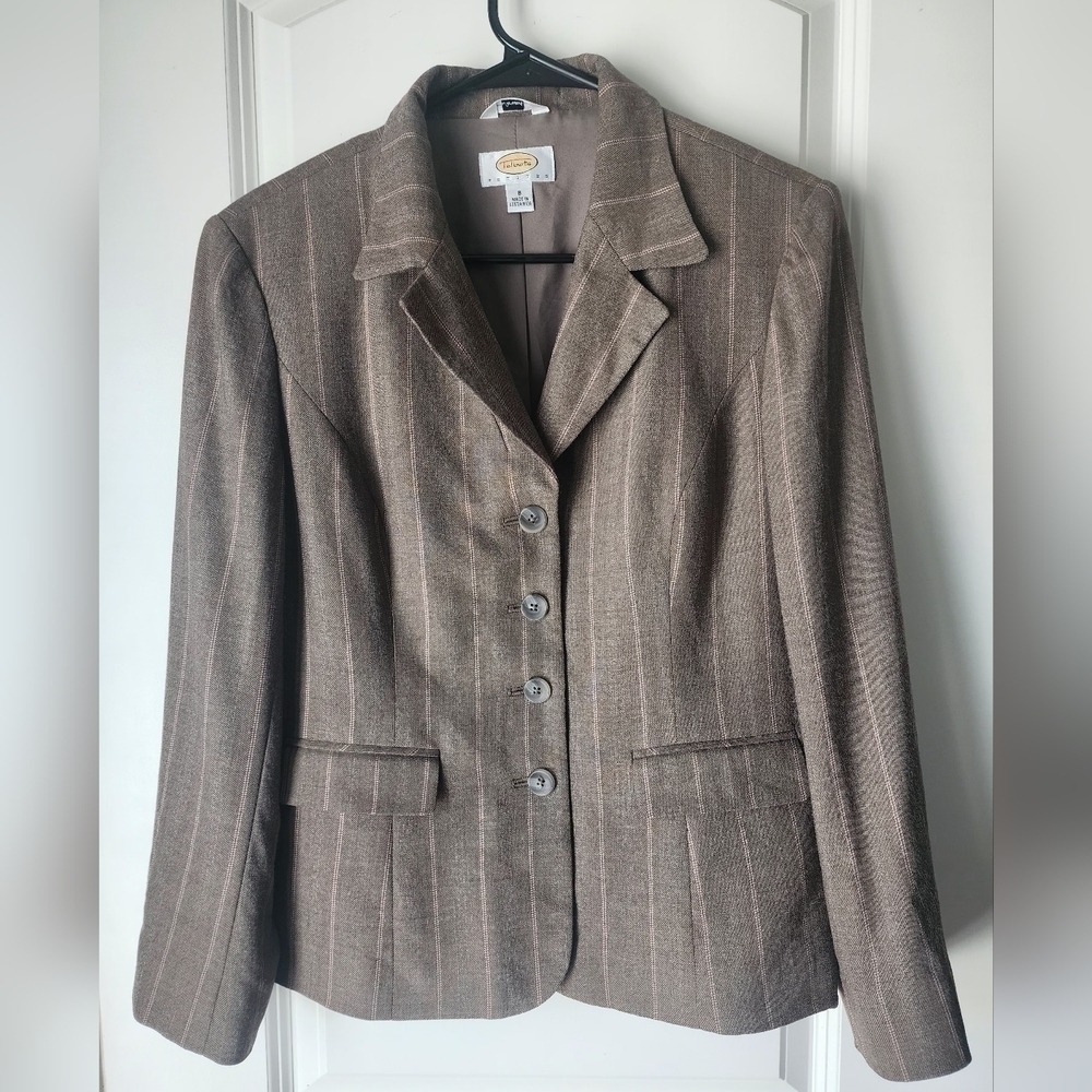 Talbots Petites Stretch Wool Blend Brown and Pink Striped Blazer Size 8